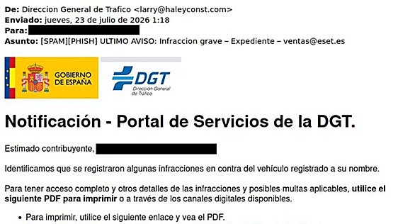 Los ciberdelincuentes usan falsas multas de la DGT para intentar vaciar tu cuenta bancaria