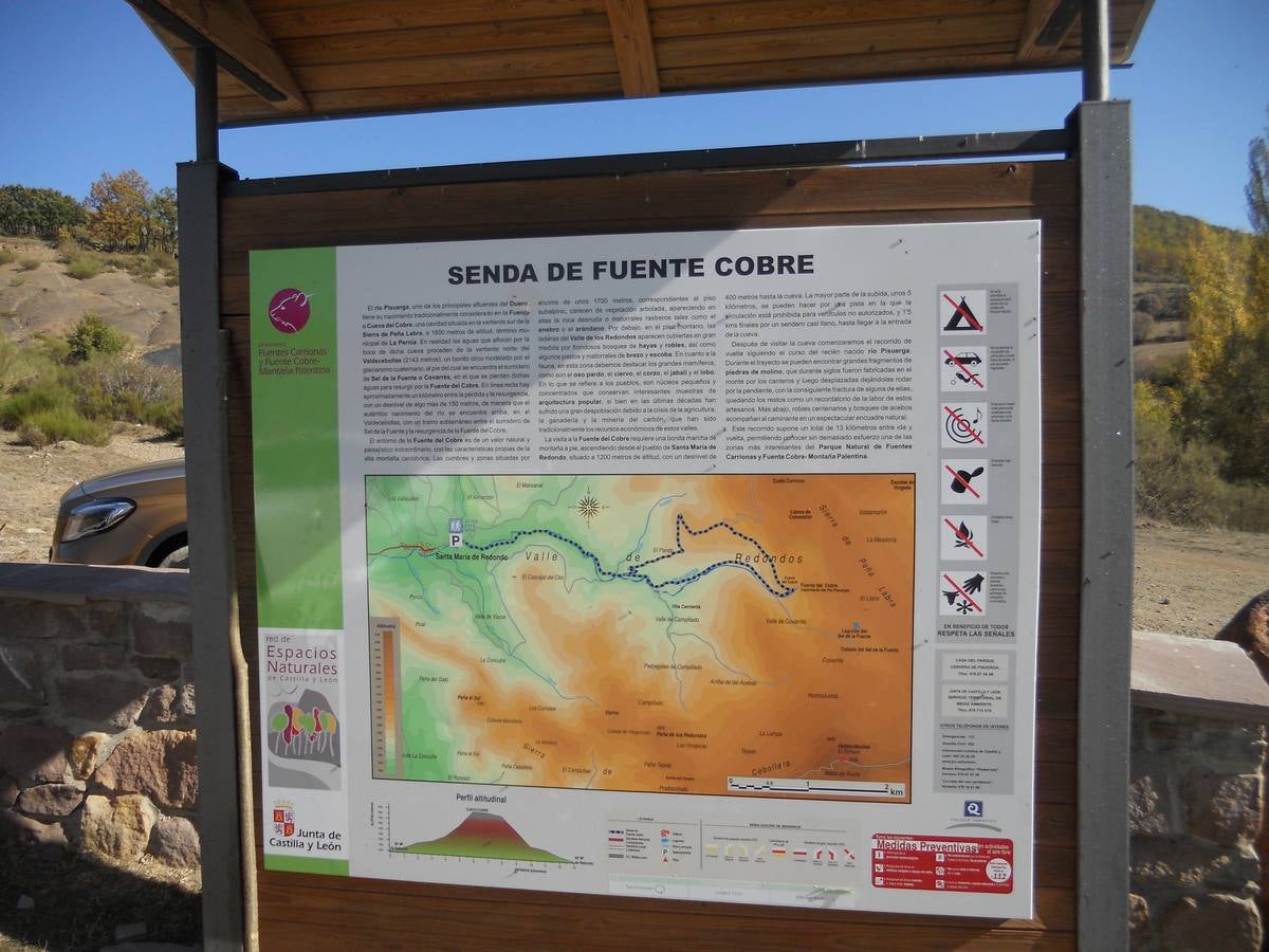 La ruta parte de la localidad de Santa María de Redondo, siguiendo el curso del río Pisuerga, hasta llegar a la magestuosa cueva de Fuente Cobre