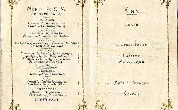 Menú de la cena oficial del 26 de abril de 1876, ofrecida por Alfonso XII al príncipe de Gales.
