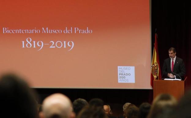 Felipe VI, durante su intervención en la inauguración de la exposición 'Museo del Prado 1819-2019. Un lugar de memoria'. 