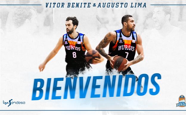 El cartel con los dos nuevos jugadores del San Pablo Burgos. 