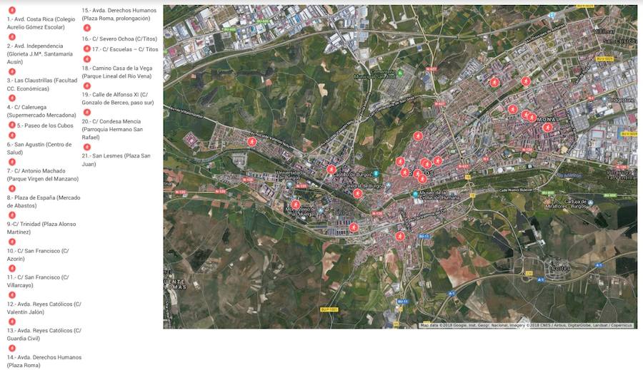 Mapa con los puntos donde se propone instalar estos 21 pasos de peatones elevados. 