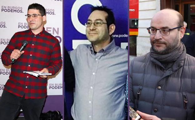 De izquierda a derecha, el candidato a la Alcaldía de Burgos por Podemos, Raúl Salinero; el cabeza de lista en Aranda, Andrés Gonzalo, y el alcalde de Briviesca, Marcos Peña, que opta a la reelección.