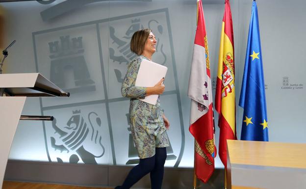 La consejera de Agricultura y portavoz de la Junta, Milagros Marcos, durante la rueda de prensa posterior al Consejo de Gobierno de Castilla y León. 