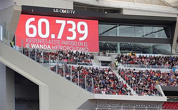 El videomarcador del Wanda Metropolitano durante el Atlético-Barça. 