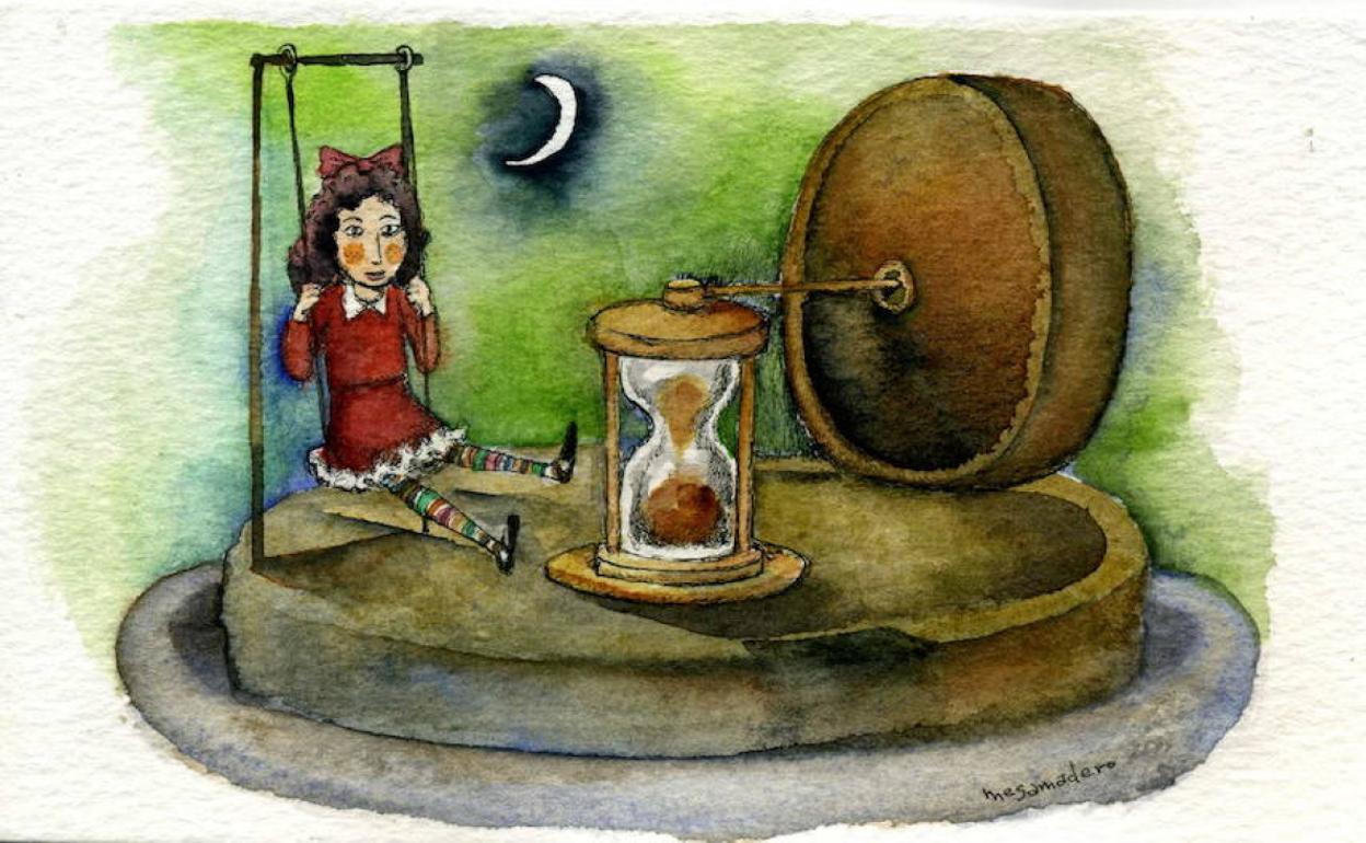 Ilustración de una niña columpiándose frente a un reloj de arena.