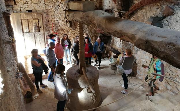 Un grupor de turistas visita un lagar. 