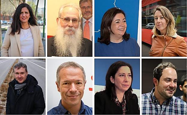 En la fila de arriba, de izquierda a derecha, los diputados Esther Peña (PSOE), Agustín Zamarrón (PSOE), Esther Peña (PP) y Aurora Nacarino-Bravo (Ciudadanos). En la fila de abajo, de izquierda a derecha, los senadores Javier Lacalle (PP), Ander Gil (PSOE), María del Mar Arnaiz (PSOE) y Salvador Sierra (PSOE).