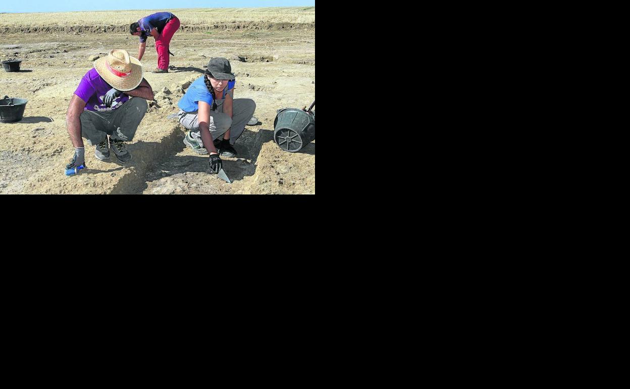 Estudiantes de arqueología, en una de las parcelas del yacimiento de Dessobriga.