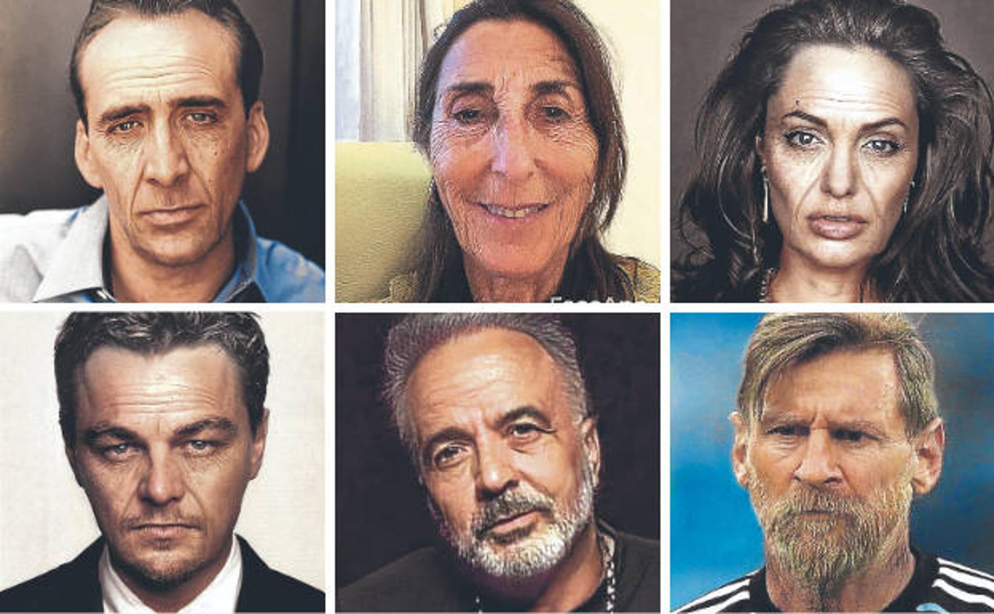 Nicolas Cage, Paz Padilla, Angelina Jolie y, debajo, Leonardo DiCaprio, Luis Fonsi yLionel Messi, una vez aplicado el programa.