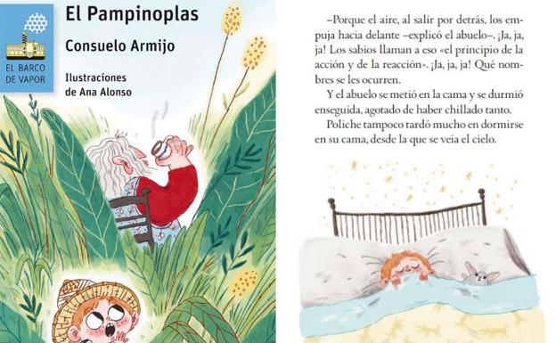 Imagen de la portada (i) y una de las páginas interiores (d) del libro 'El Pampinoplas'.