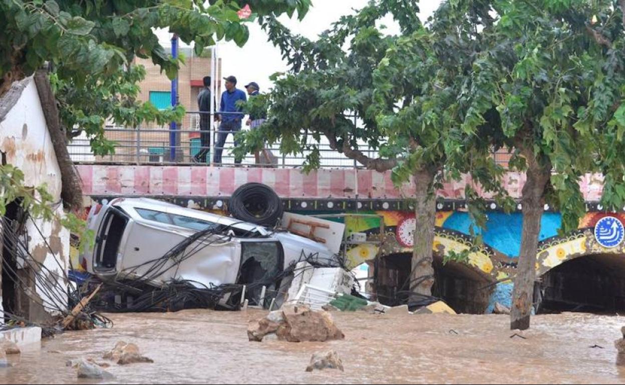 Un oche arrastrado por el agua en Los Alcázares, este sábado por la mañana.