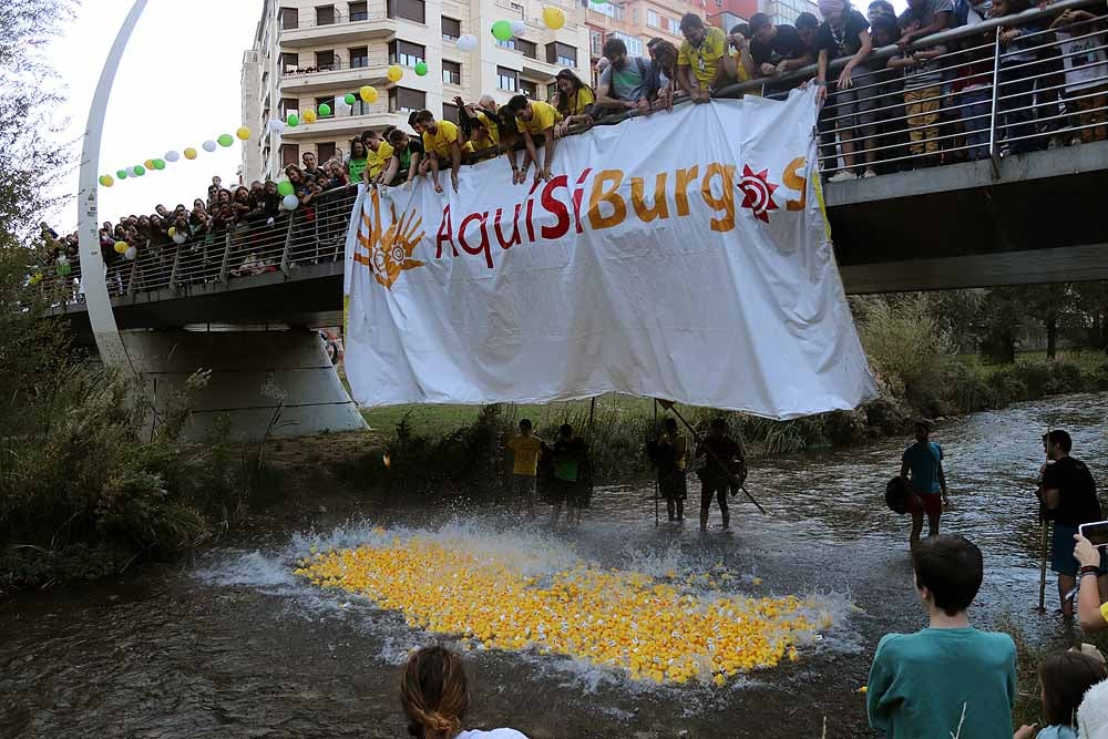 5.000 patos se han lanzado al río por dos buenas causas: colaborar con los proyectos de acceso al agua potable que lleva a cabo Amycos en Bolivia y el mantenimiento del comedor y la casa de acogida de las Hijas de la Caridad de Burgos.