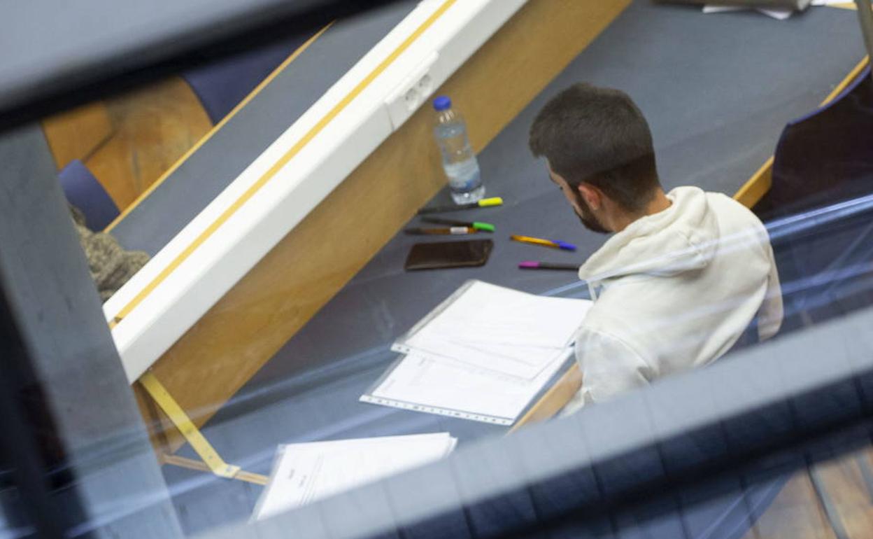 Un joven repasa sus apuntes en una biblioteca.