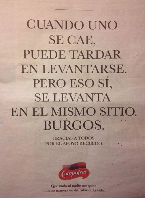 Anuncio publicado en algunos medios nacionales por la empresa Campofrío para dar las gracias por las muestras de apoyo locales y nacionales. 