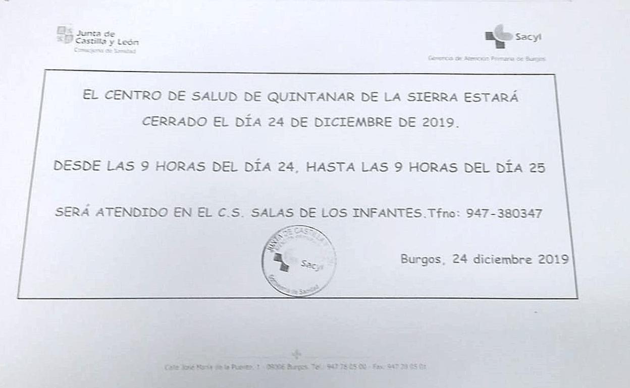 Cartel que ha aparecido en el centro de salud anunciando el cierre del día 24 de diciembre. 