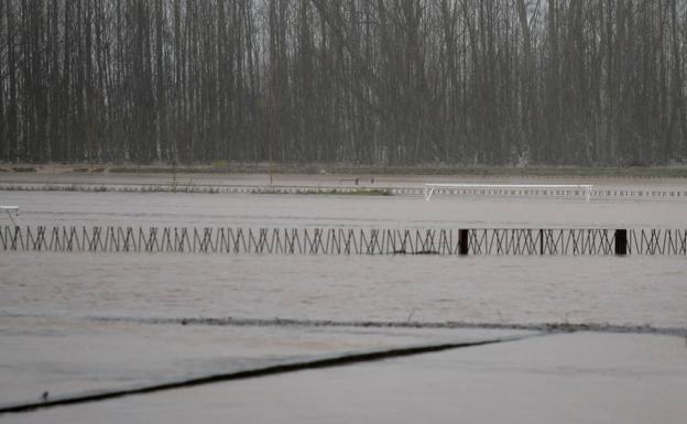 Galería. Imagen del campo de fútbol de Melgar de Fernamental completamente cubierto por el agua.