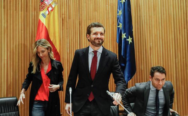 Casado, este jueves, en la reunión del grupo parlamentario del PP en el Congreso. 