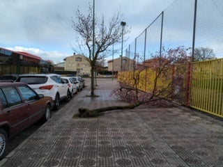 El viento ha desprendido parte del tejado de la iglesia de Santo Domingo de Guzmán y el de una nave en la zona de Hipercor, que ha seccionado un cable eléctrico que ha dejado sin luz a la zona sur y al barrio San Pedro y San Felices.