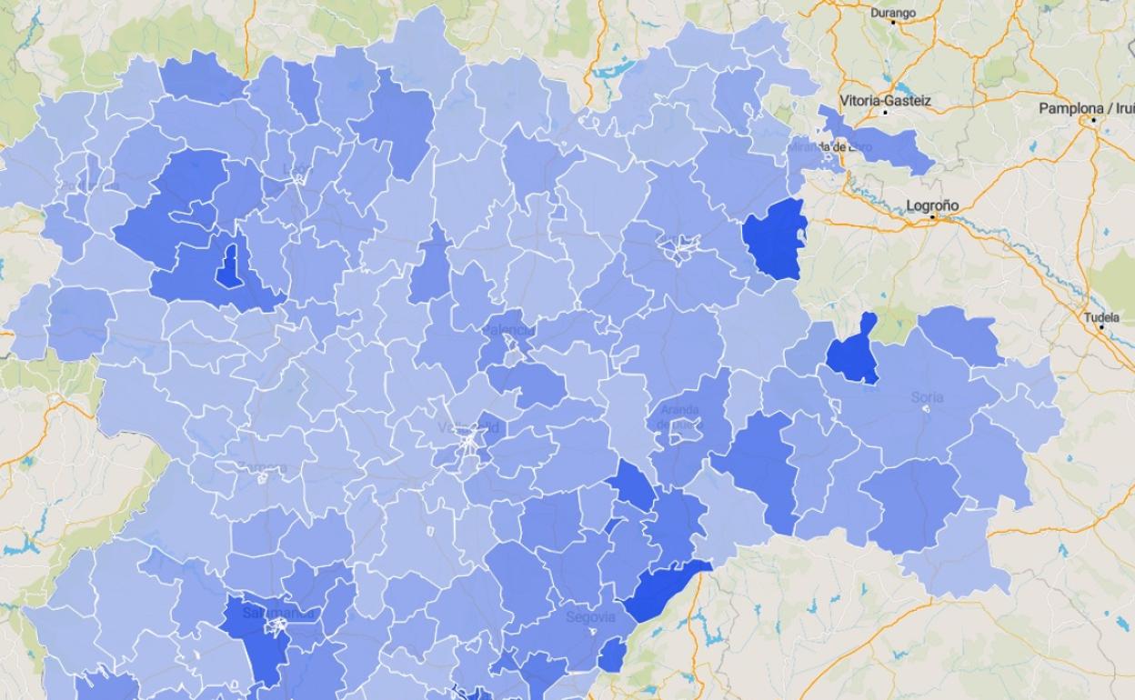 Mapa de Castilla y León con la incidencia de casos por Zona Básica de Salud. 