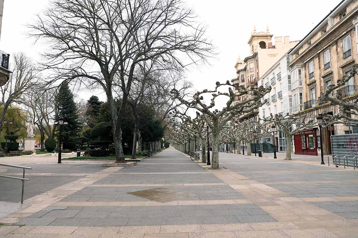 Este lunes, con la suspensión de toda actividad económica no esencial por la crisis sanitaria del coronavirus, el centro de la capital burgalesa presenta una imagen mucho más vacía. Algo a lo que colaboran los termómetros que no suben de 1 grado.