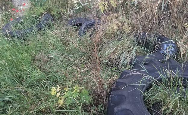 Imagen principal - Ruedas de camión arrojadas en un camino cerca del barrio de Villatoro. 