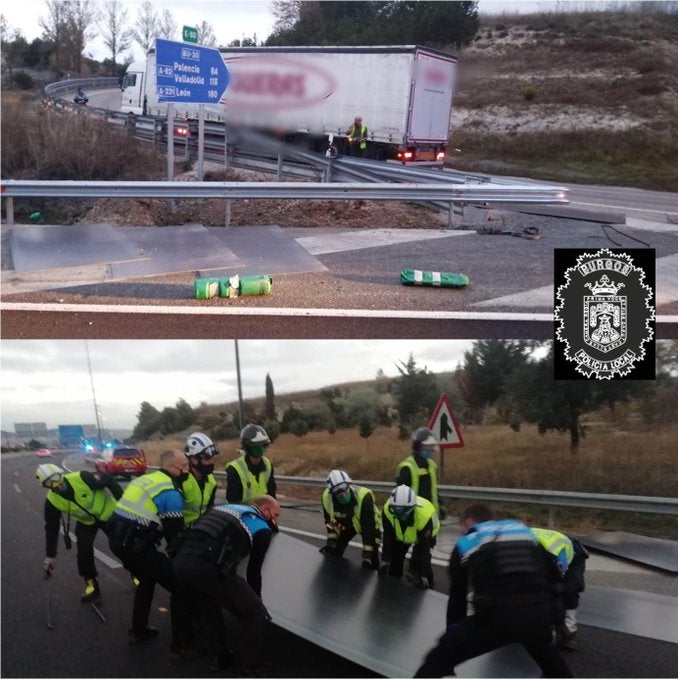 La caída de la carga de un camión provoca cortes a la entrada de Burgos