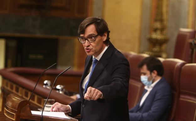 El ministro de Sanidad, Salvador Illa, durante su intervención en el pleno del Congreso. 