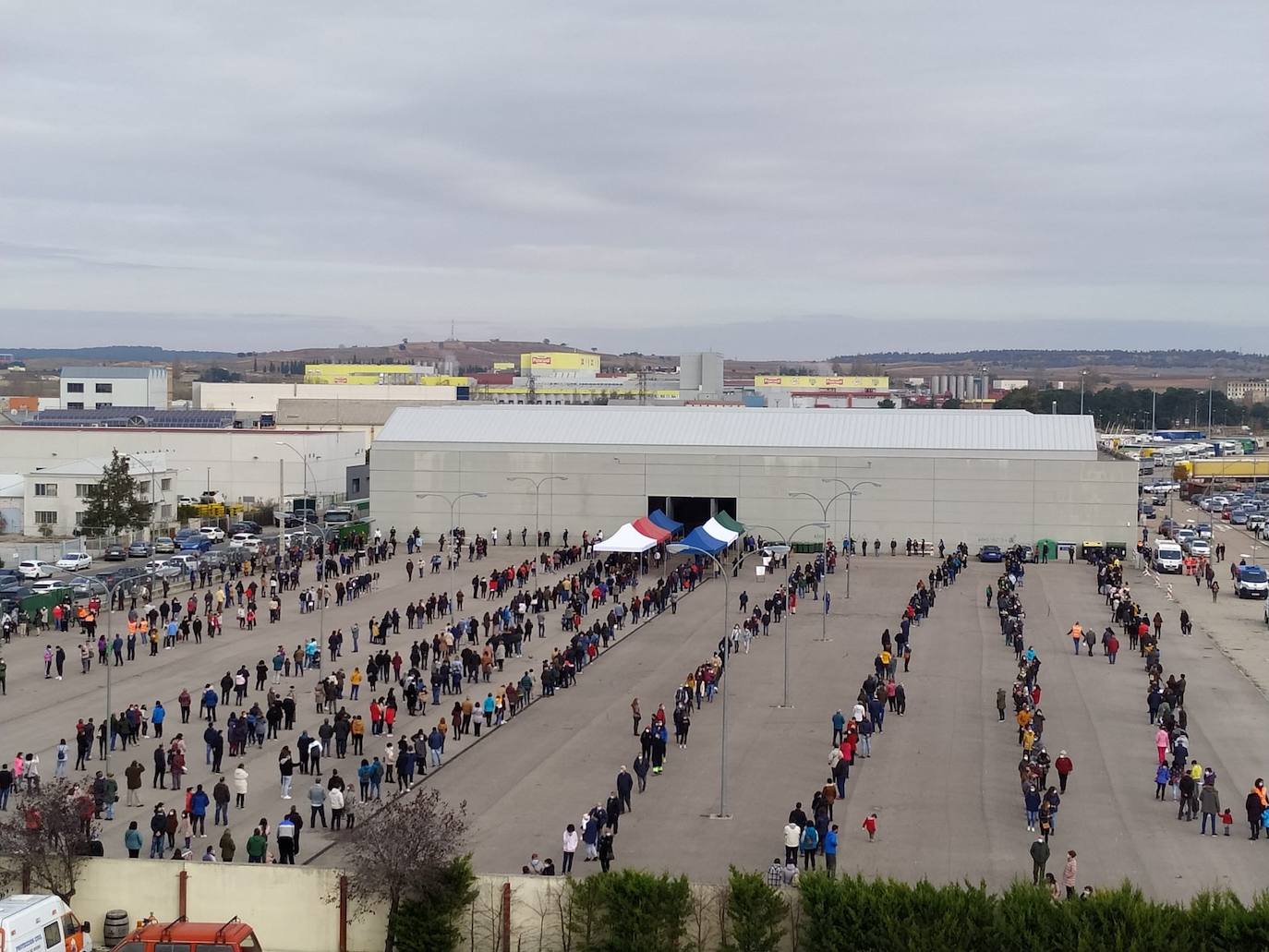 Colas a la entrada del recinto ferial de Aranda donde se realizan los test masivos de detección de la covid-19. 