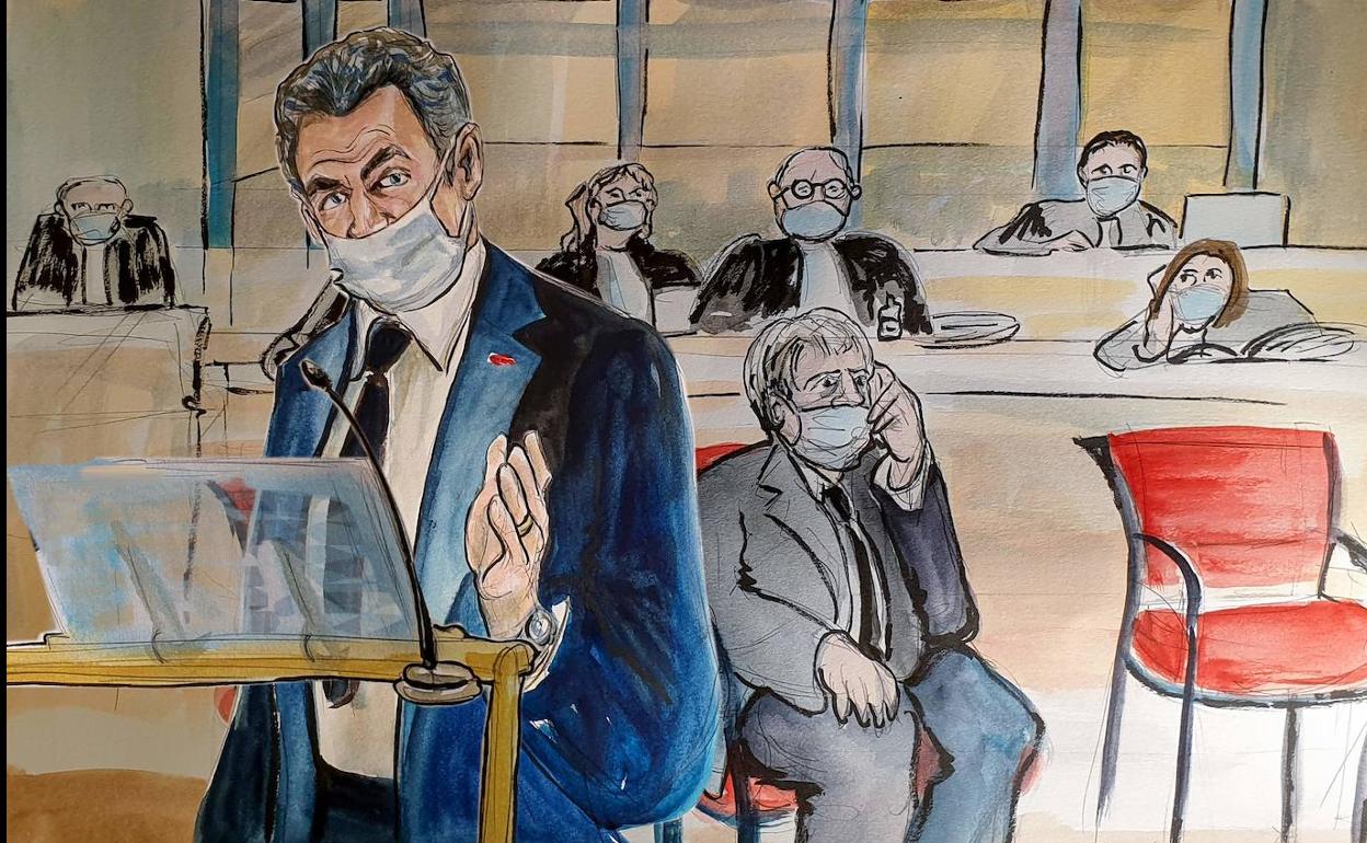 Boceto de Nicolas Zarkozy durante su declaración ante el Tribunal que le juzga en la capital francesa.