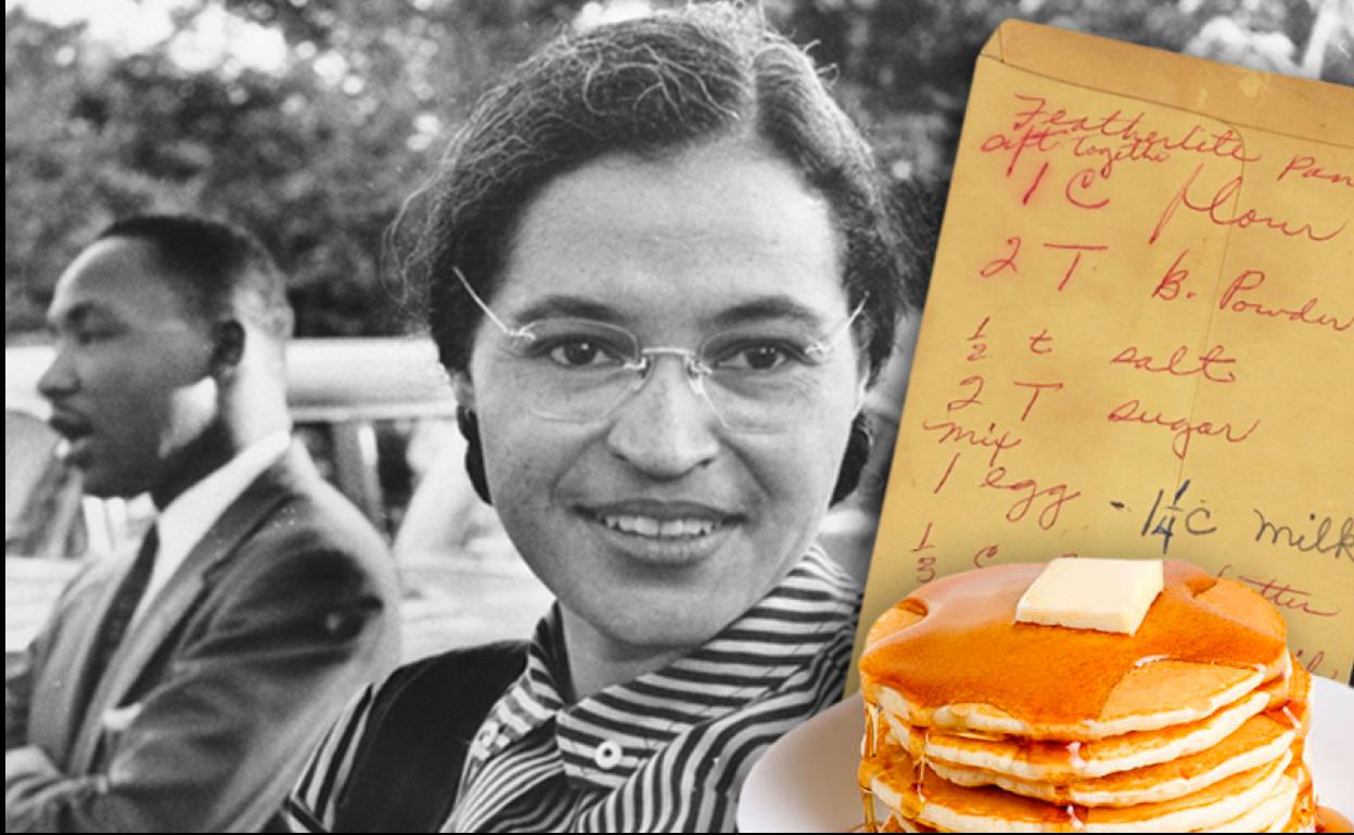 Rosa Parks en 1955 (Wikimedia CC PD) y su receta de tortitas (Biblioteca del Congreso de EE UU).