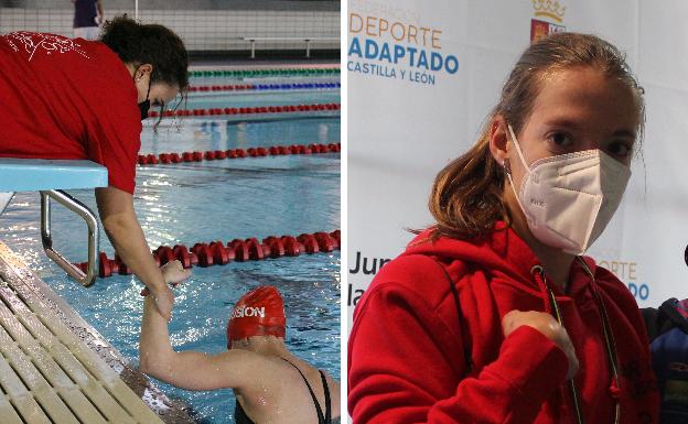 Marta Fernández, justo antes de iniciar una prueba en la piscina de Río Esgueva. A la derecha, en el podio.