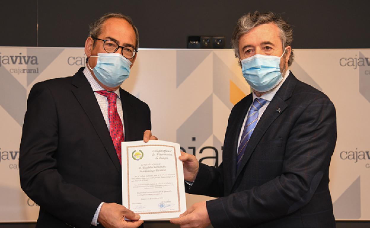 El veterinario investigador Baudilio Fernández-Mardomingo recibe el premio de manos de Tomás Fisac. 