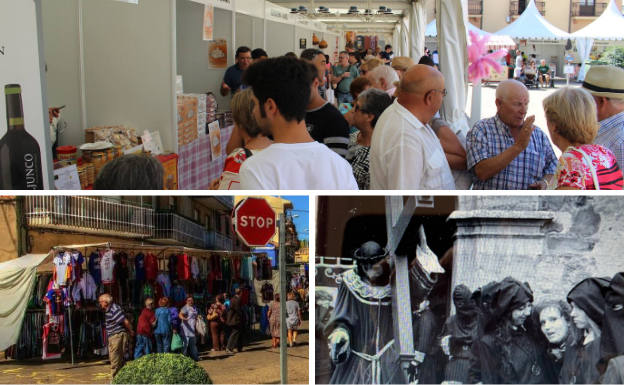 Arriba, numeroso público en la Feria del Dulce y la Repostería. Debajo, mercado semanal que se celebra los jueves desde 1306 y antigua procesión de Semana Santa.