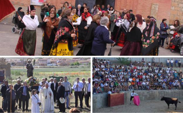 Arriba, baile de 'Las habas verdes'. Debajo, bendición de los campos el día de San Isidro y festejo taurino durante las fiestas de Nuestra Señora de la Asunción.