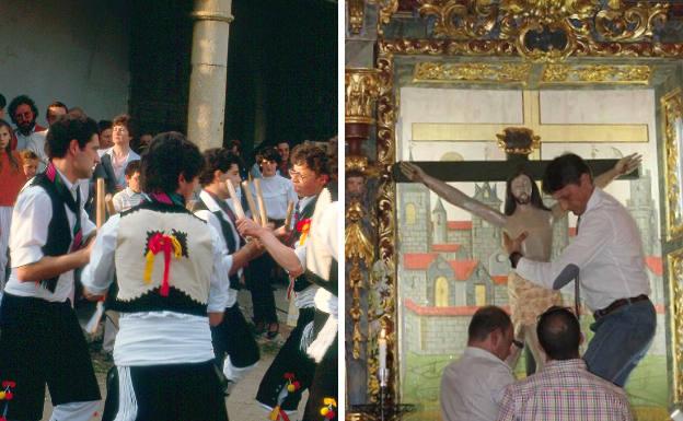 Paloteo en la procesión de Nuestra Señora de Tormejón en 1985 y bajada del trono del Santo Cristo del Amparo en Carbonero de Ahusín.