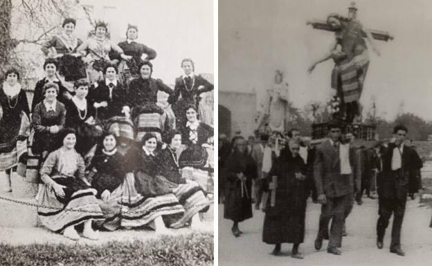 Un grupo de danzantes de antaño y una imagen antigua de la procesión del Cristo del Priorato.