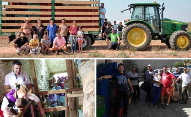 Arriba, vecinos en la viña el día de la vendimia. Debajo, unos visitantes observan el lugar donde se deposita la uva en un lagar y recogiendo el fruto de la vid para elaborar el vino de pueblo.