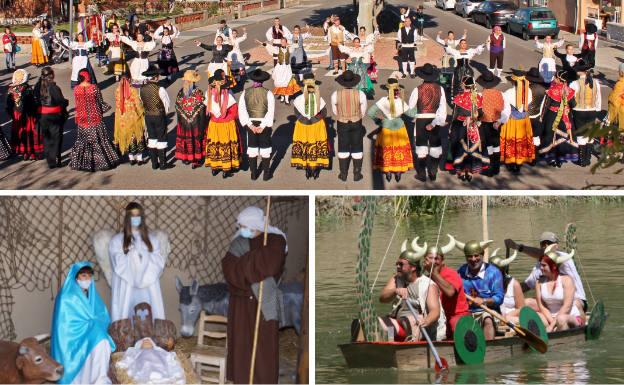 Arriba, 'Entradilla de Cabezón' como recibimiento a los grupos participantes en el Festival Nacional de Folklore, en las fiestas de San José Obrero. Debajo, portal del Belén Viviente y una tripulación vikinga durante el descenso del río en balsa. 