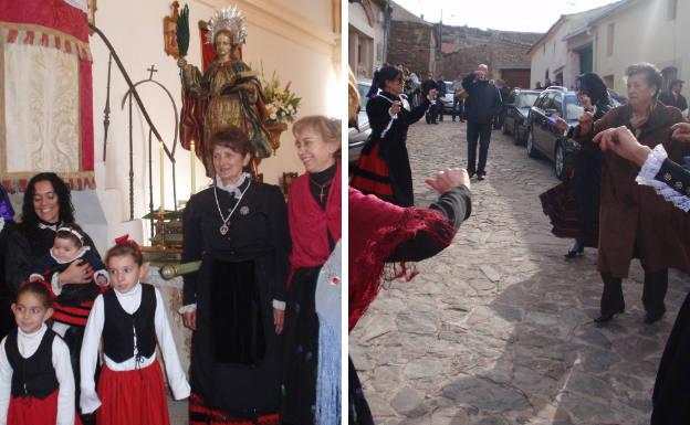 A la izquierda, niños y mayores veneran a la santa. Al lado, jotas populares.