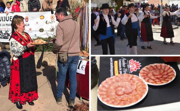 Las águedas, además de celebrar su fiesta el 5 de febrero, colaboran cada año en las Jornadas de la Matanza ofreciendo degustaciones. A la derecha, arriba, actuación del grupo de danzas El Torreón, también muy presente en las celebraciones de Guijuelo. Debajo, jamón listo para su degustación.