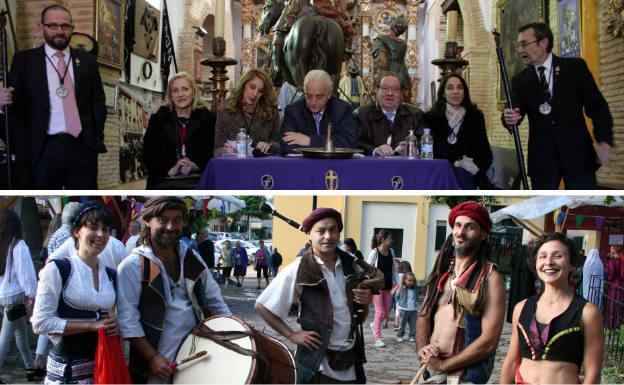 Arriba, subasta de los pasos de la semana de Pasión. Debajo, participantes en el Encuentro de Juglares.