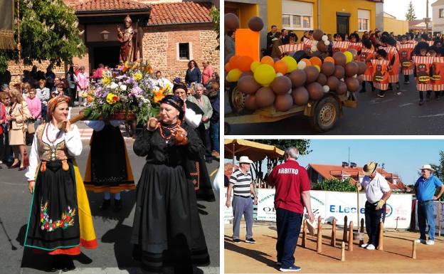 A la izquierda, romería de San Isidoro del Monte de Trobajo del Camino. Al lado, desfile de carnaval en San Andrés del Rabanedo y partida de bolos en Ferral del Bernesga.