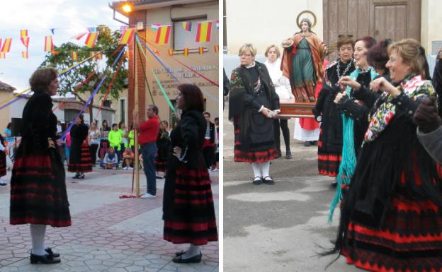 Baile tradicional durante las fiestas de Garcillán y, a la derecha, las águedas bailando en honor a a la santa.