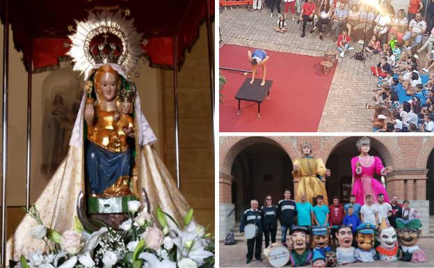 Nuestra Señora de la Guía, patrona de Santa María del Páramo. Al lado, actuación del Festival Internacional de Teatro de Calle Maíz y gigantes y cabezudos posando antes de animar las fiestas.