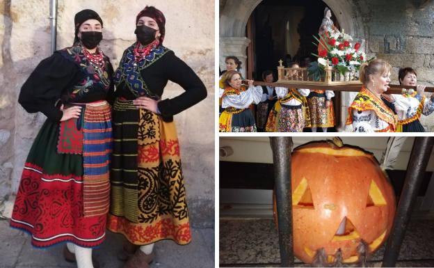 A la izquierda, águedas de Villaseco del Pan ataviadas con los trajes típicos. Al lado, salida de la procesión de Santa Águeda, portada en andas por mujeres, y calabaza colocada en una vivienda la noche de difuntos.