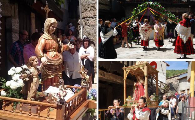 A la izquierda, ofertorio a Santa Ana. Al lado, baile tradicional del ramo y procesión en honor a la Virgen de la Misericordia.