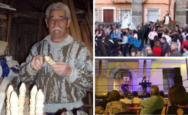 A la izquierda, el artesano local Miguel Cuesta Nebreda, 'El Gitano', elaborando a mano los bolillos de Villanueva de Gumiel. Al lado, procesión con las imágenes portadas a hombros y actuación musical dentro del Verano Cultural.