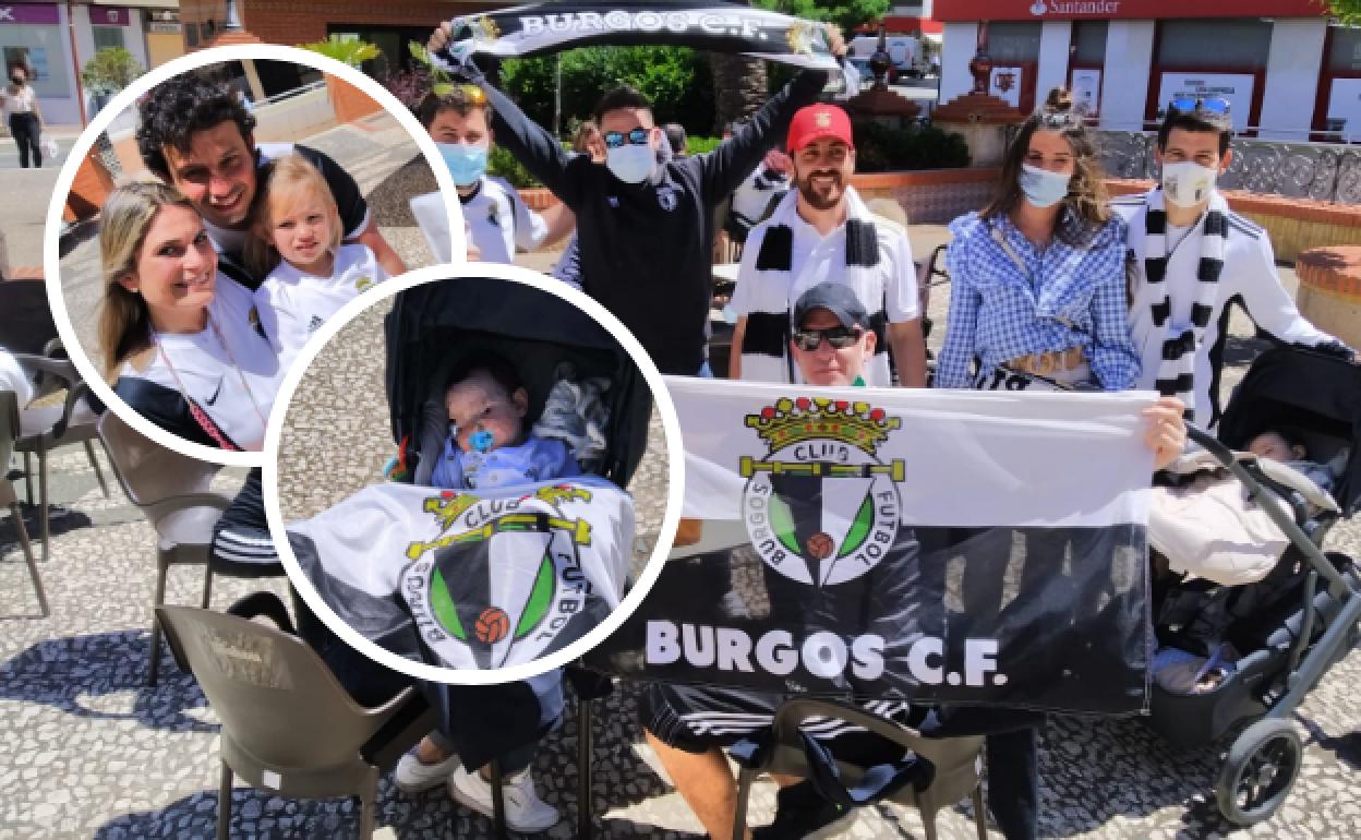 Aficionados del Burgos CF en Almendralejo. En los círculos, Chloe y Óliver.