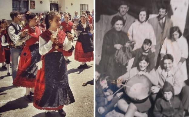 Bailes tradicionales, que no faltan en las fiestas de Navacarros, y foto de hace años, cuando se salía a pedir por las casas embutidos y productos para hacer la merienda.